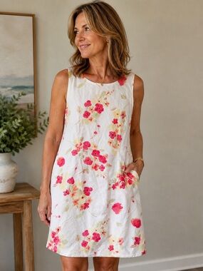 Casual Corner Annex Petite White Dress with Pink Floral Accents